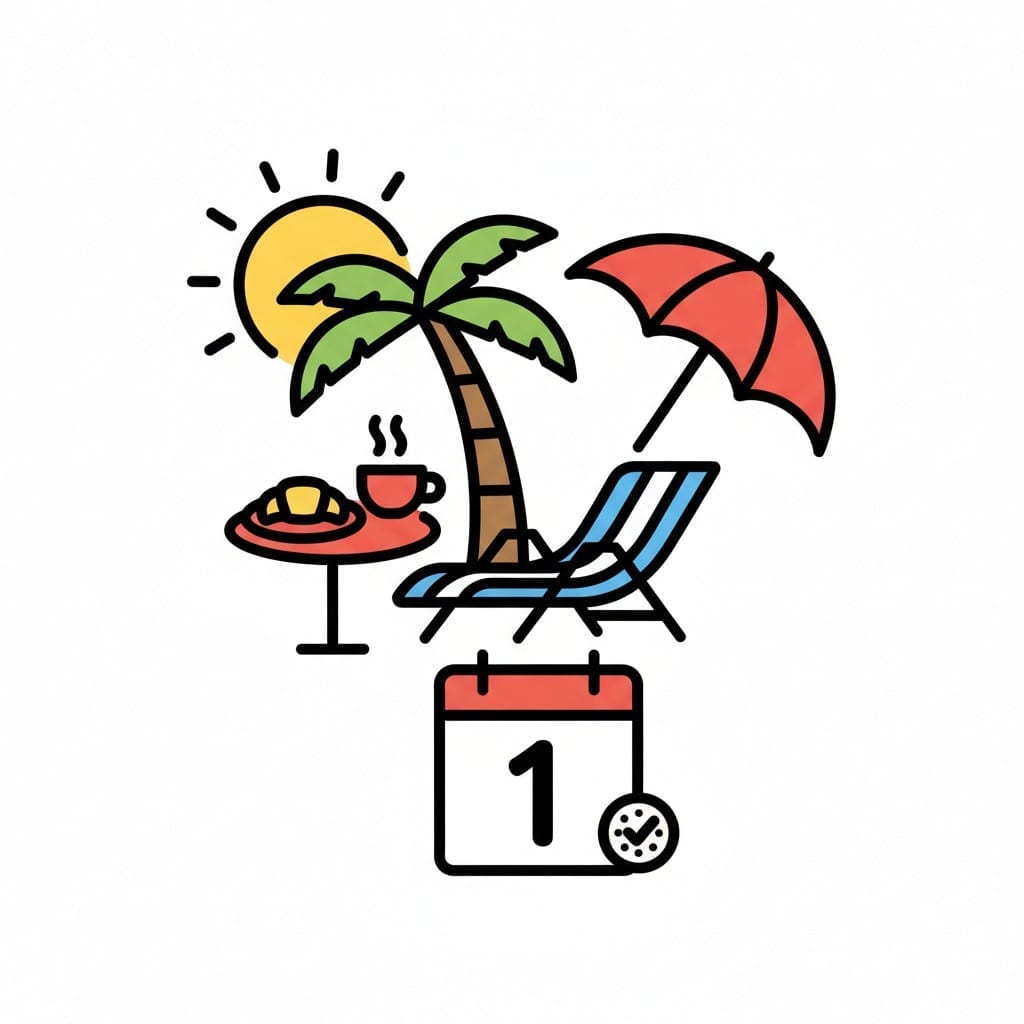 En strandscene med palme, solstol, parasoll, kaffe og en kalender som markerer en fridag.