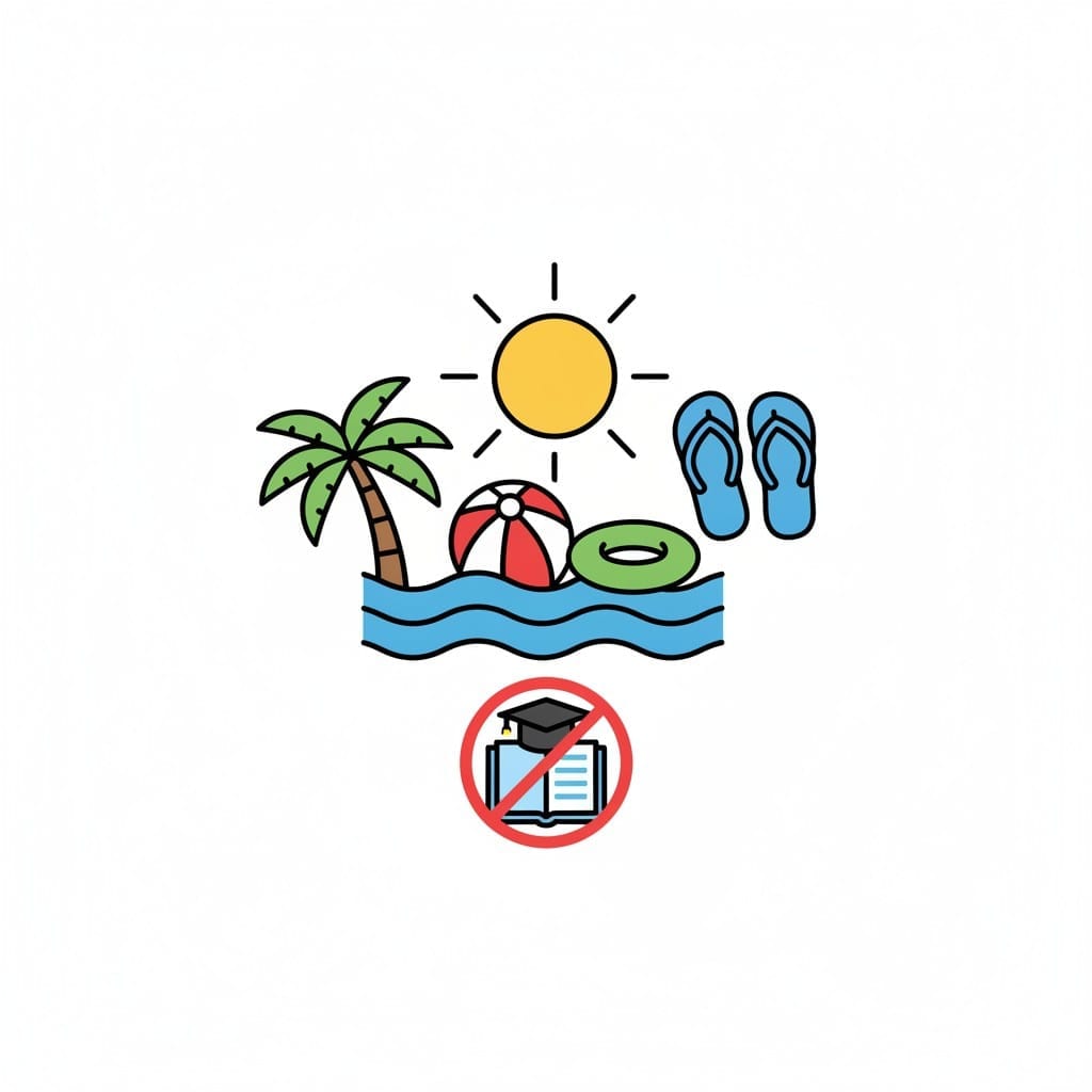 Een strandtafereel met een palmboom, een bal en slippers, en een doorgestreept schoolbord.