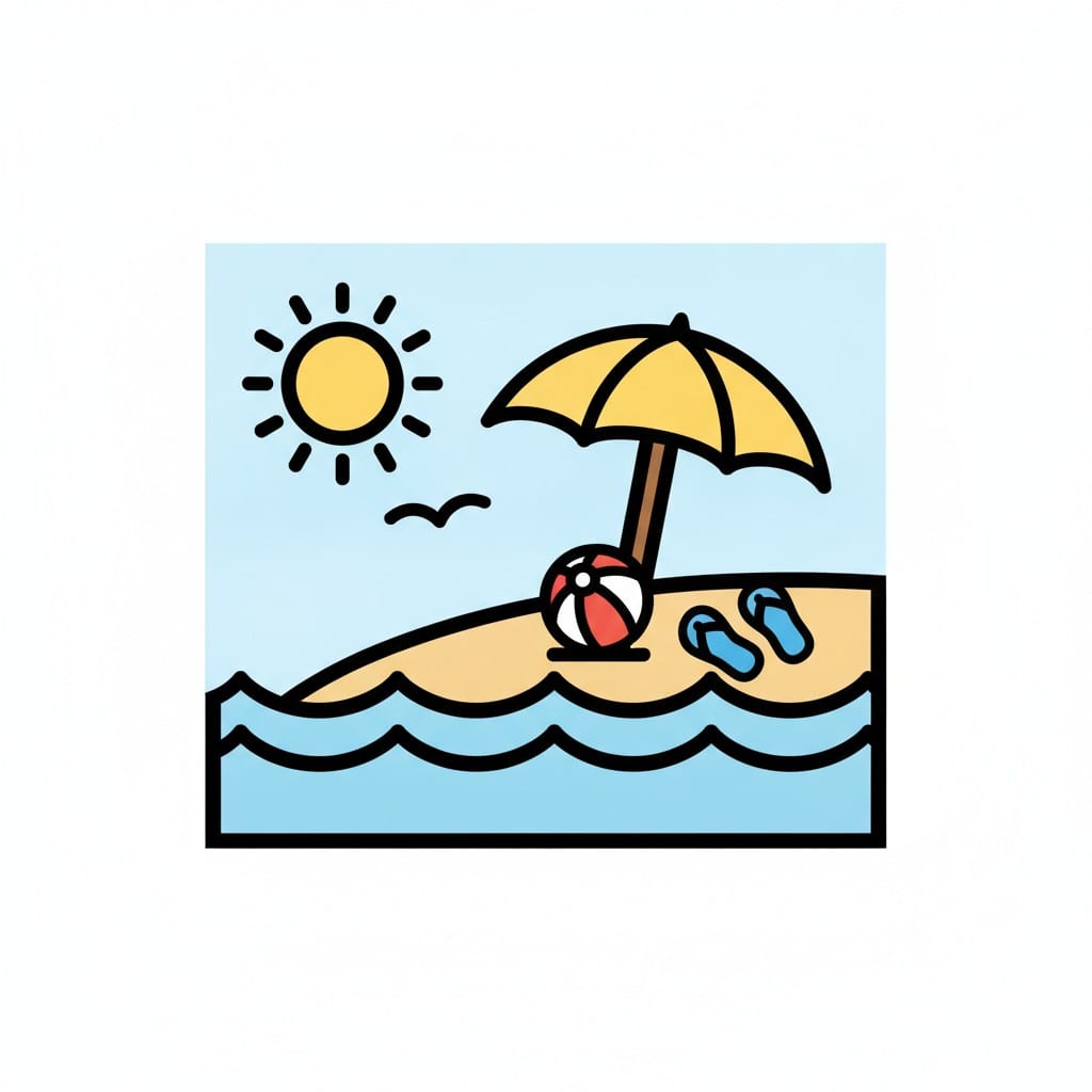 Een strand met een parasol, een strandbal en teenslippers bij blauwe zee en zon.