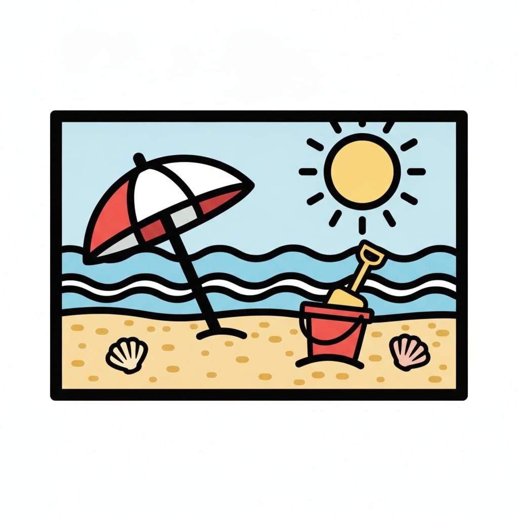 Een parasol, een emmertje met schepje en schelpen op het strand in de zon.