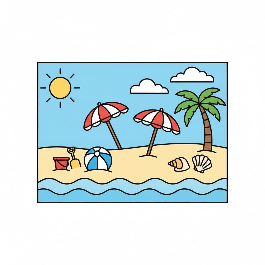 Een strandtafereel met parasols, een palmboom, een emmertje, een schepje en schelpen in het zand.
