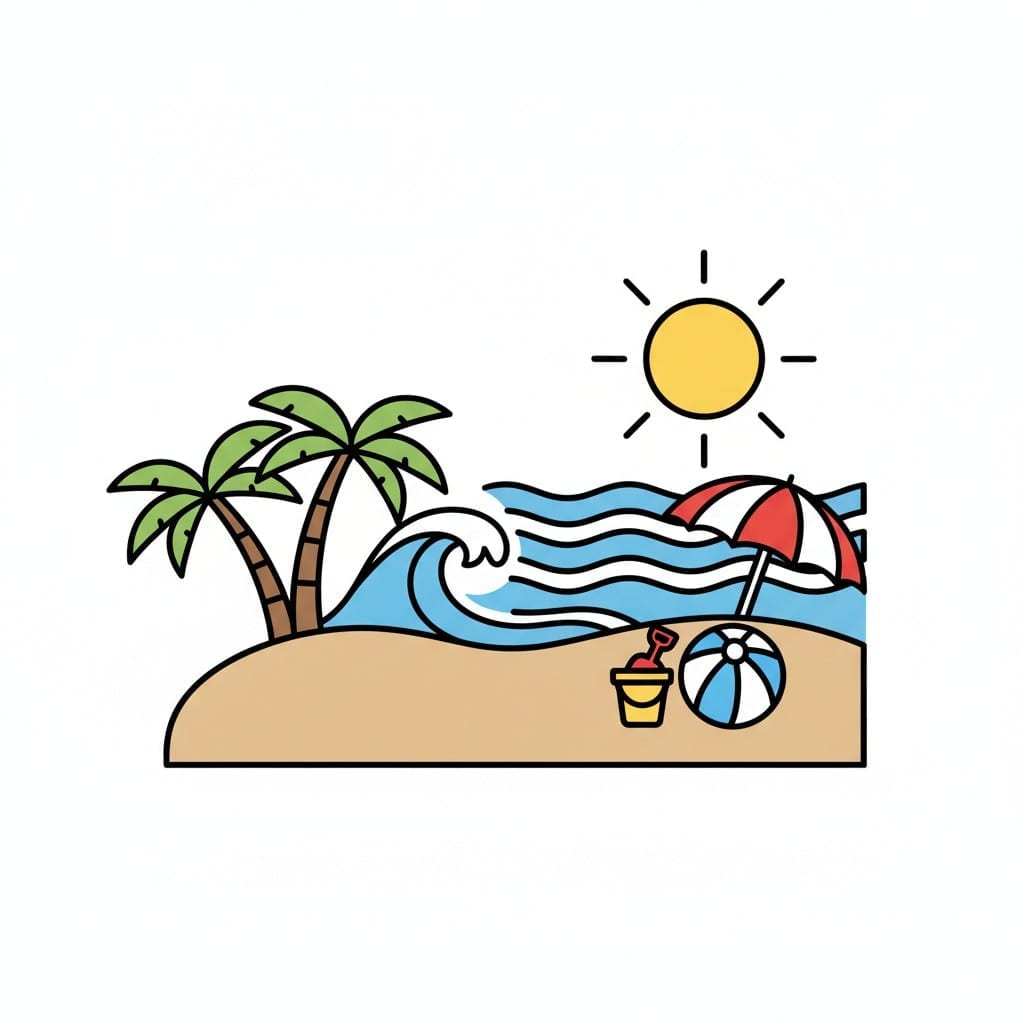 Een strand met palmbomen, een golf, een parasol en een strandbal in de zon.