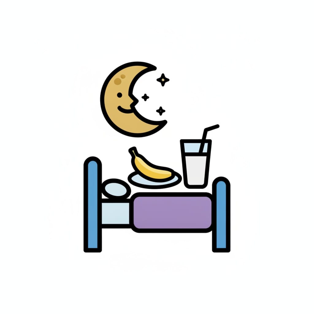 Een bed met een banaan, een drankje en een lachende maan erboven bij het slapengaan.