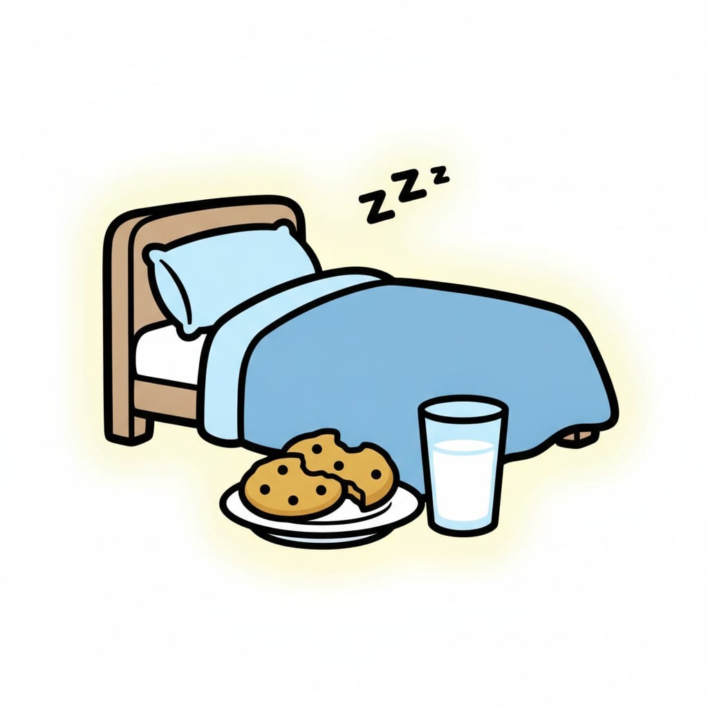 Een bed met koekjes op een bordje en een glas melk, met slaapsymbolen.