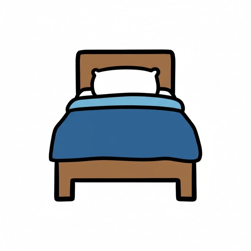 A bed with a headboard, a white pillow, and a blue blanket.