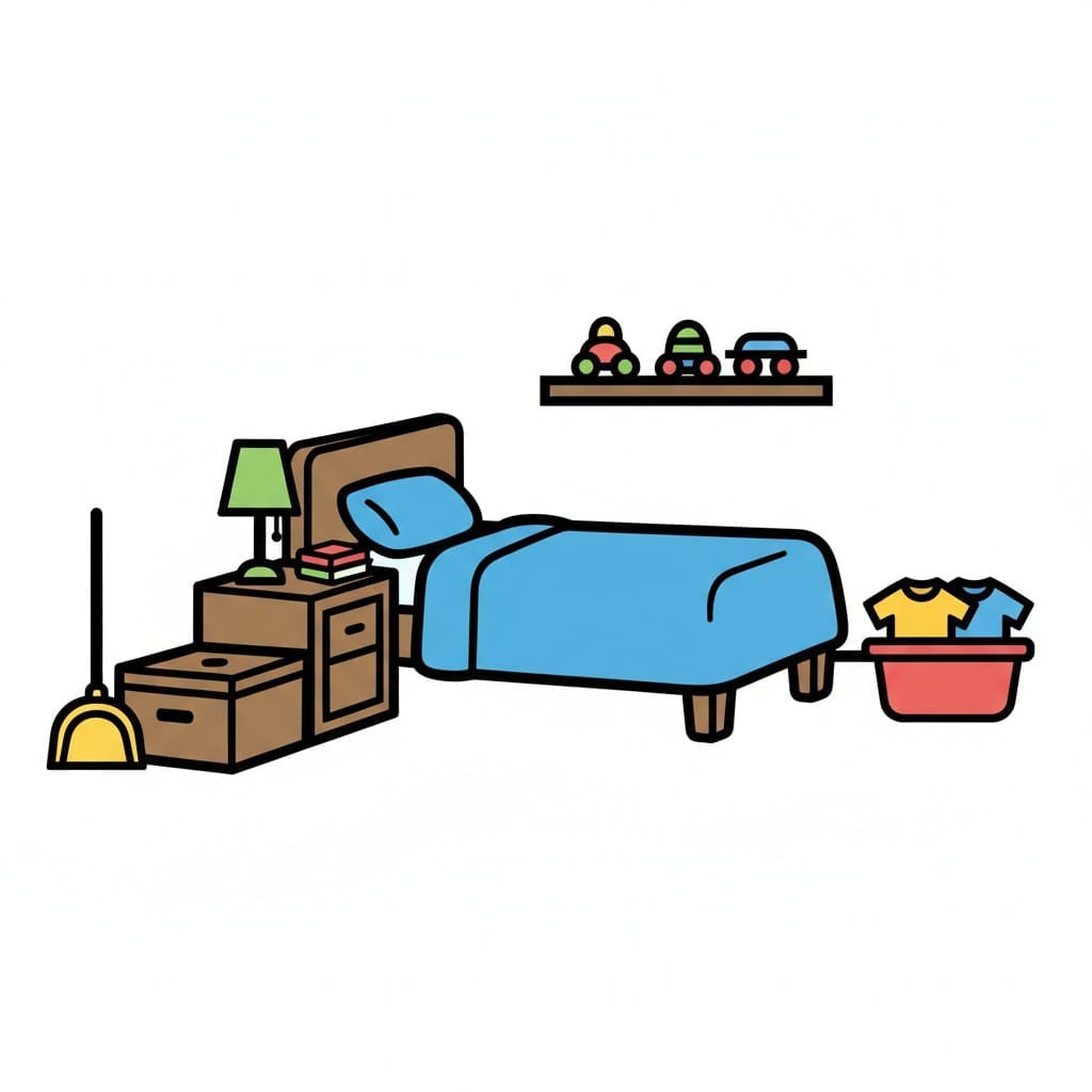Een slaapkamertafereel met een bed, een nachtkastje met een lamp en boeken, een plank met speelgoedauto's, een bezem en een wasmand vol kleren.