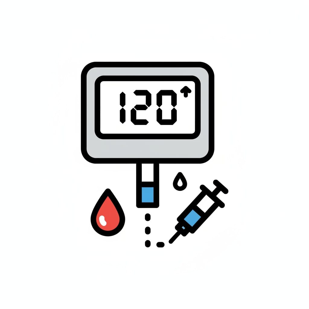 Een bloedsuikermeter met de waarde 120, met een bloeddruppel en een prikpen.