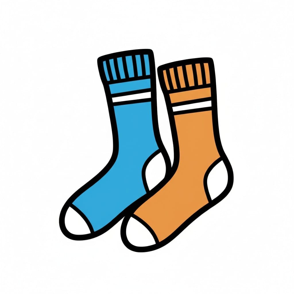 Een paar sokken, een blauwe en een oranje, elk met een geribbelde boord, een witte streep en witte tenen en hielen.