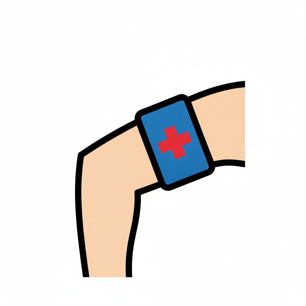 En böjd arm med en blå armbindel med ett rött kors runt överarmen.