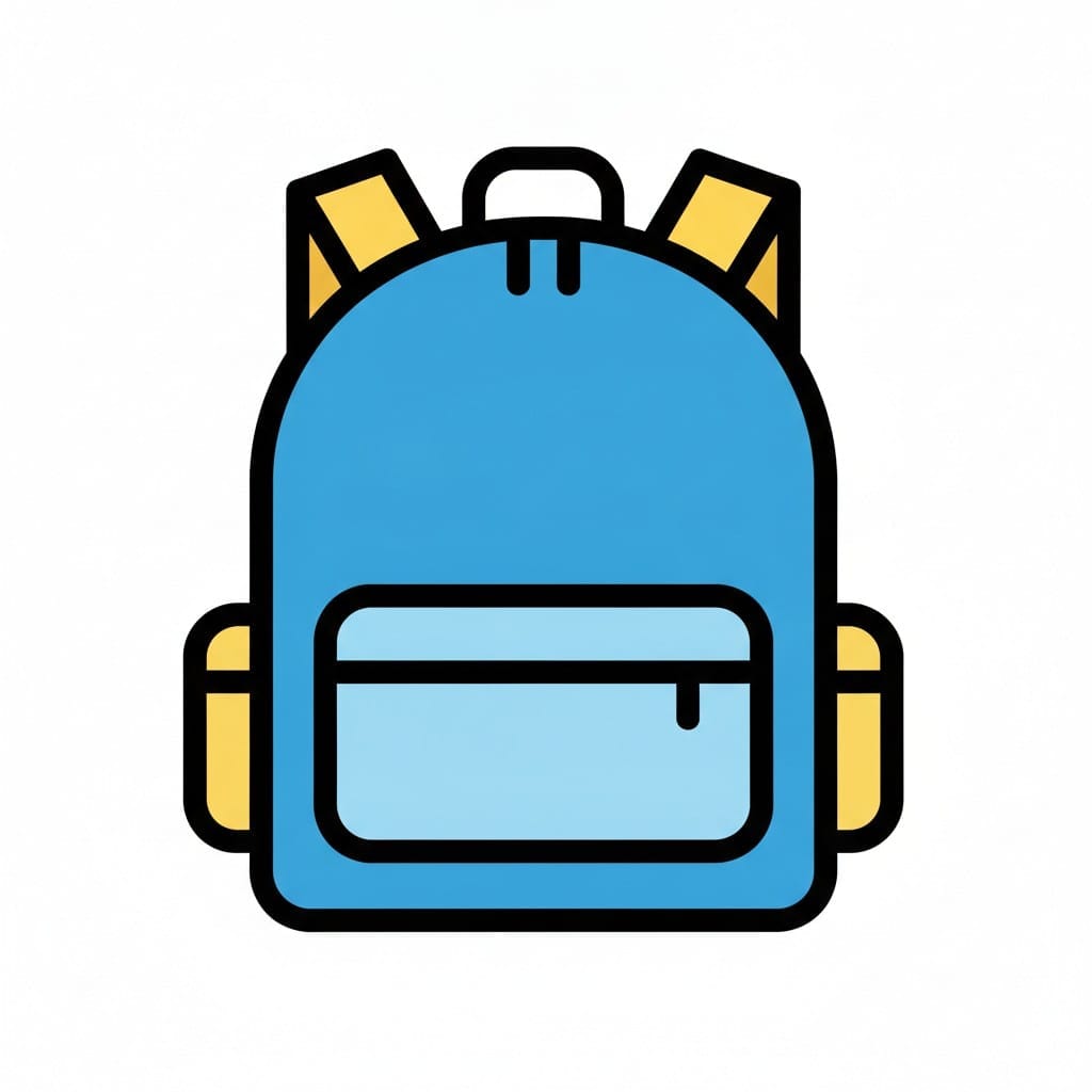 A blue backpack with yellow shoulder straps, yellow side pockets and a pale front pocket.