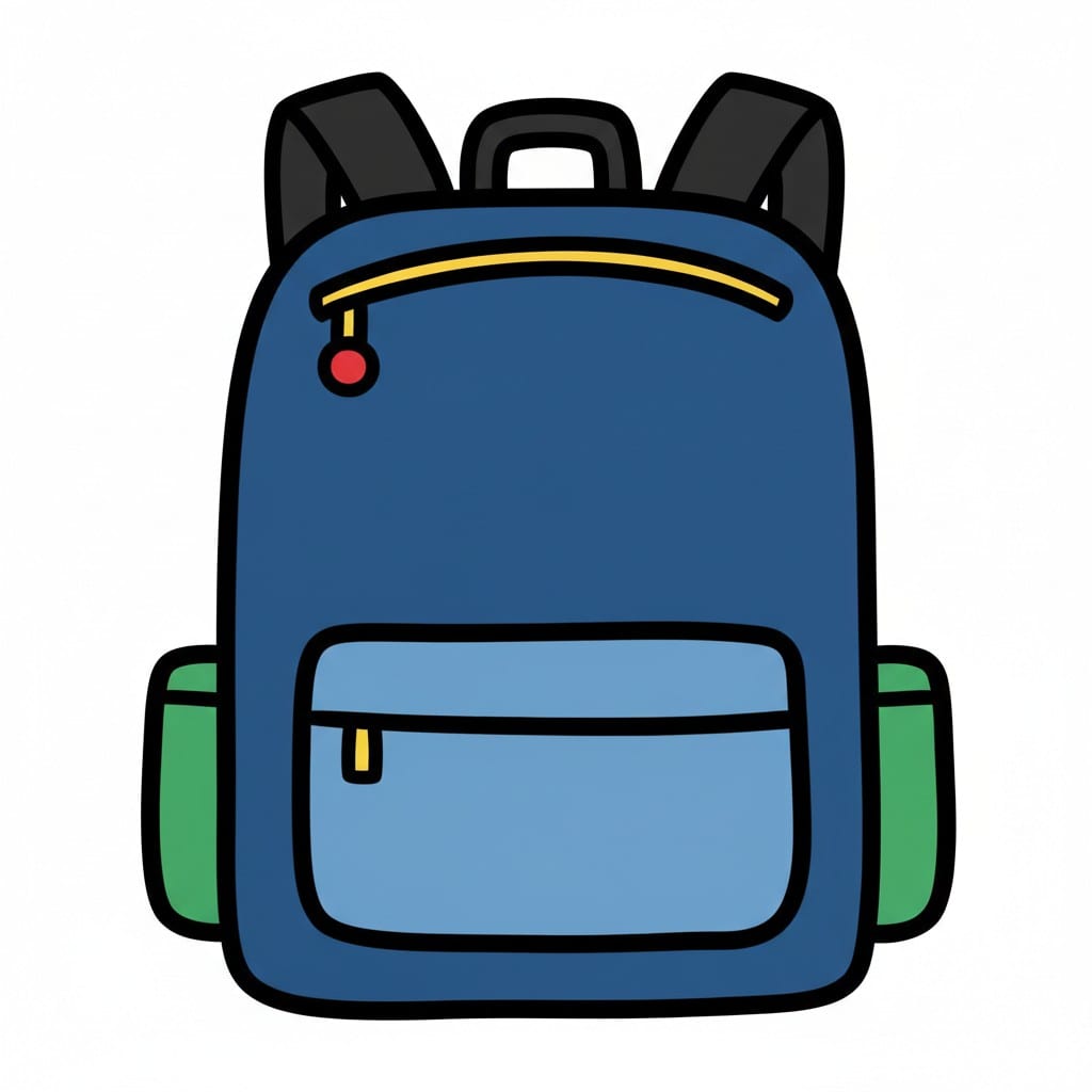 A blue backpack with black shoulder straps, a yellow zipper, a light blue front pocket, and green side pockets.