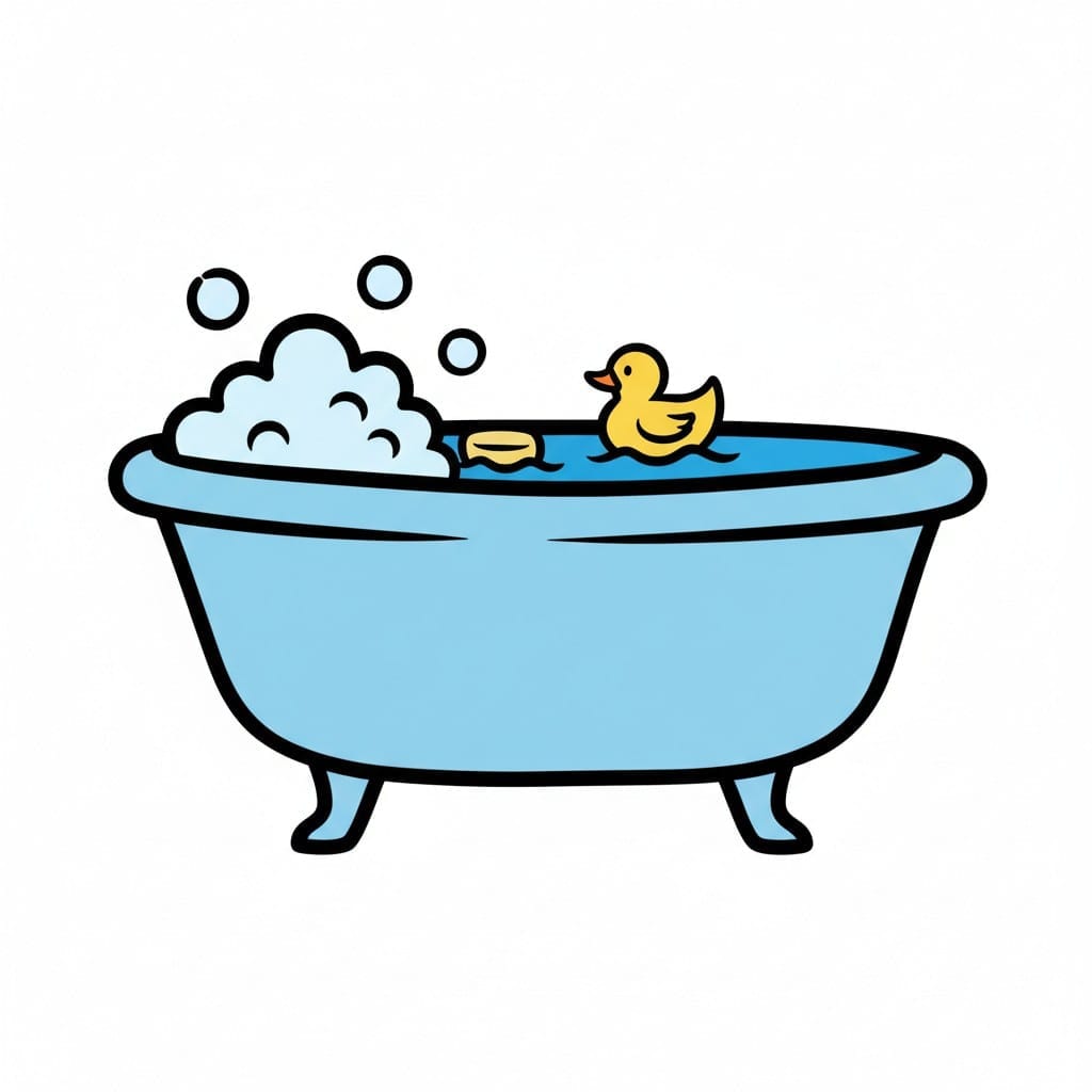 Een blauw bad gevuld met water, schuim en een geel badeendje.