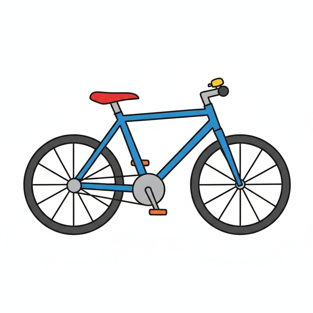 Een blauwe fiets van opzij met een rood zadel, oranje pedalen en een bel op het stuur.