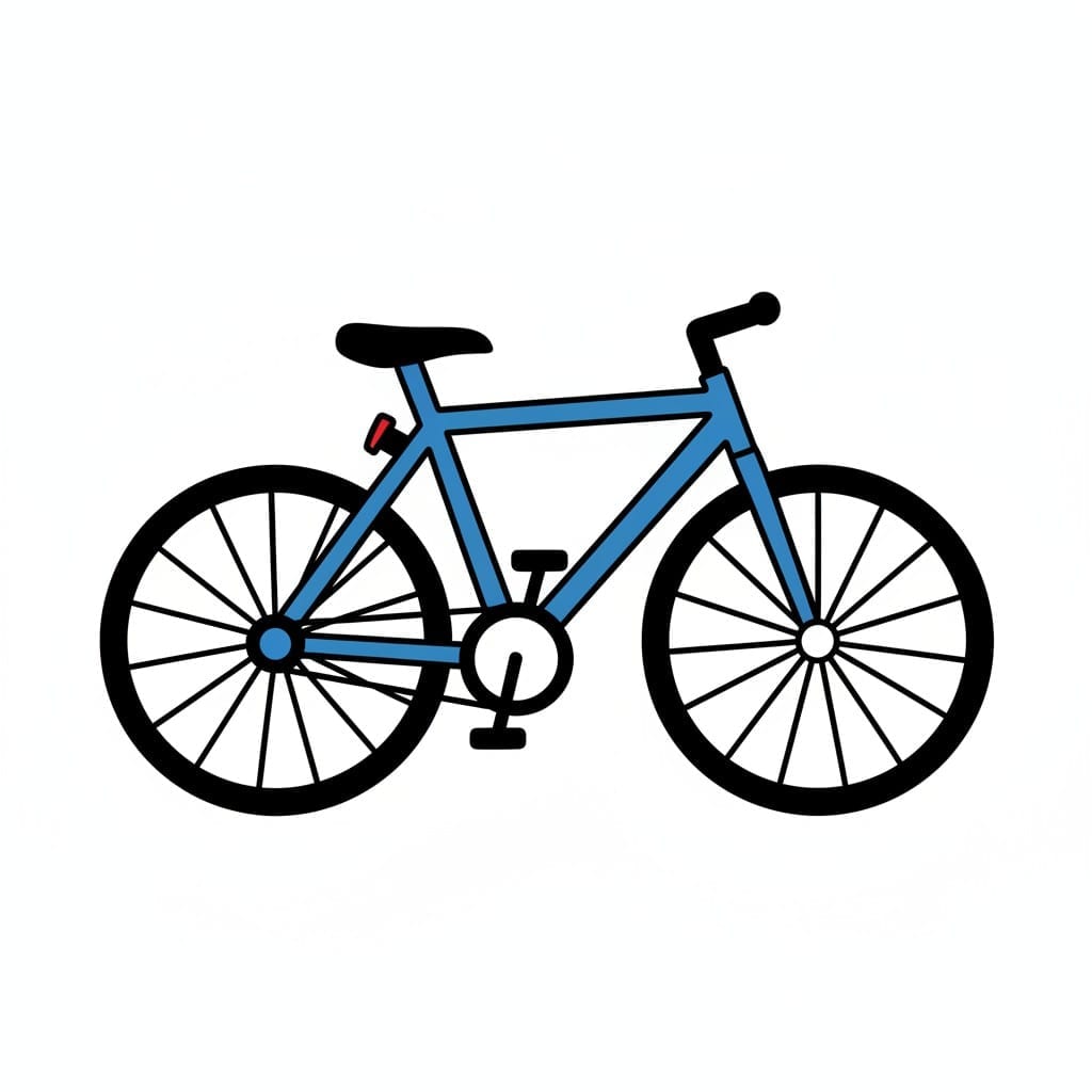 Een blauwe fiets met twee zwarte wielen, van opzij gezien tegen een witte achtergrond.