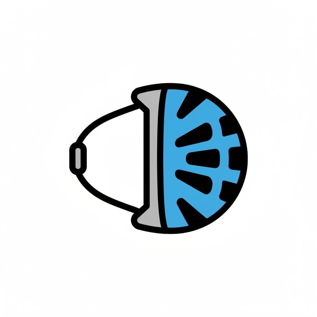Ein blauer Fahrradhelm von vorne gesehen, der die Belüftungsschlitze und den Kinnriemen zeigt.