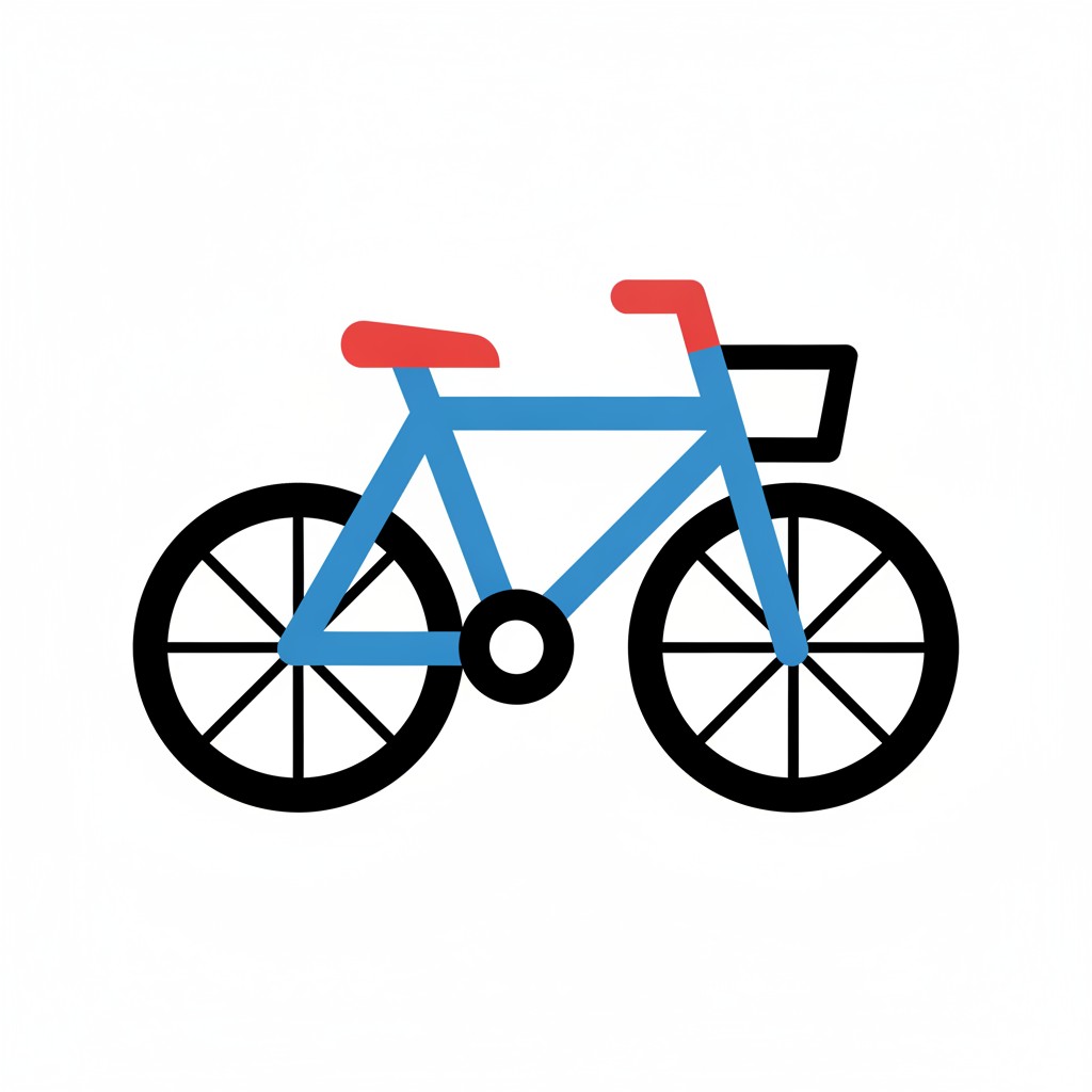 En blå cykel med rød sadel og en kurv foran.