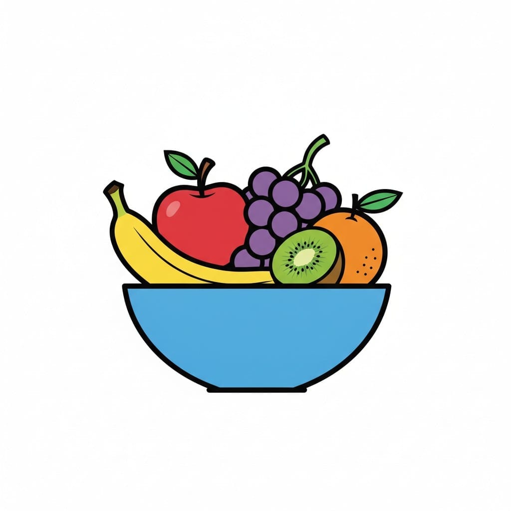 Een blauwe schaal met een banaan, een rode appel, druiven, een sinaasappel en een halve kiwi.