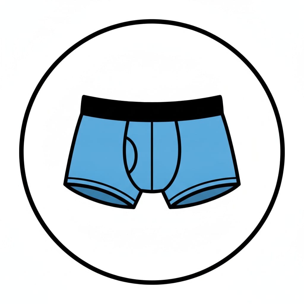 Een lichtblauwe boxershort met een zwarte tailleband in een ronde omlijsting.