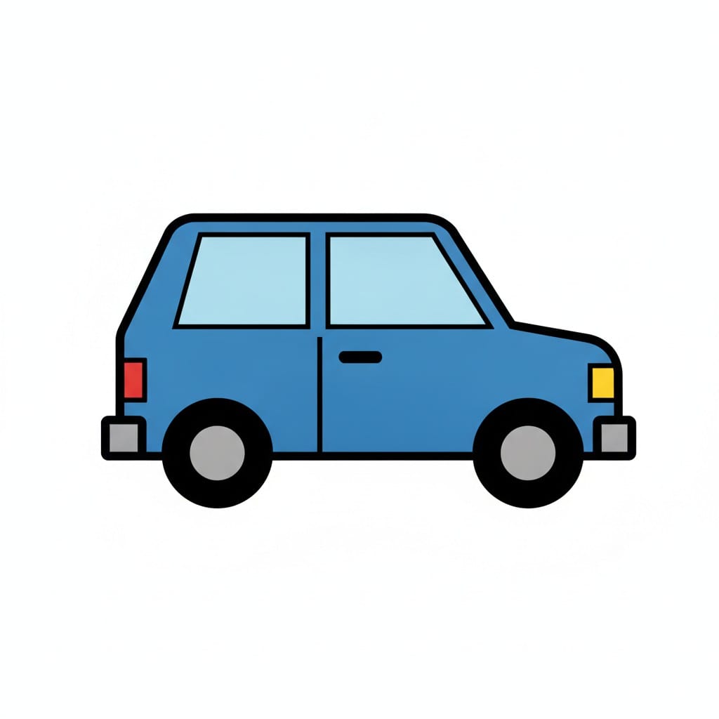 Een blauwe auto van opzij gezien.