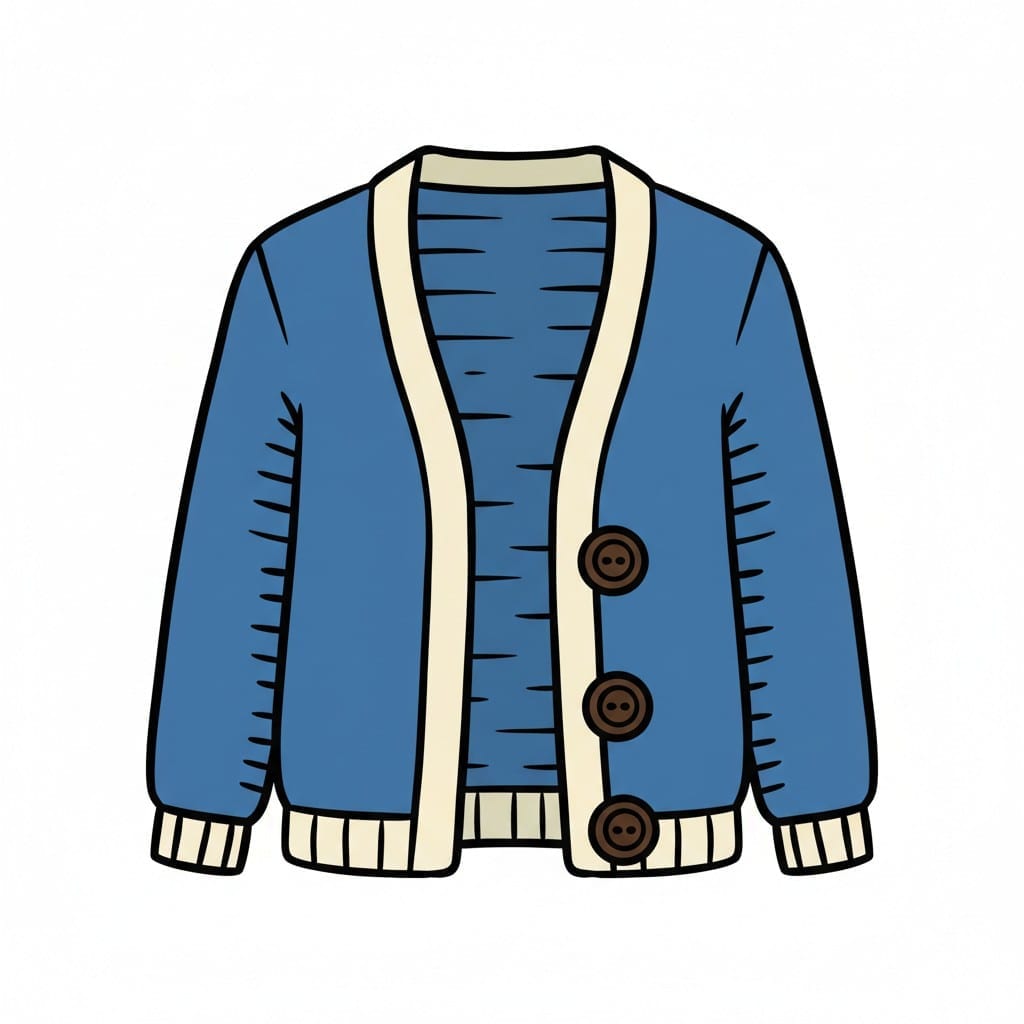 Een blauw vest met beige bies en drie bruine knopen, met de voorkant open.