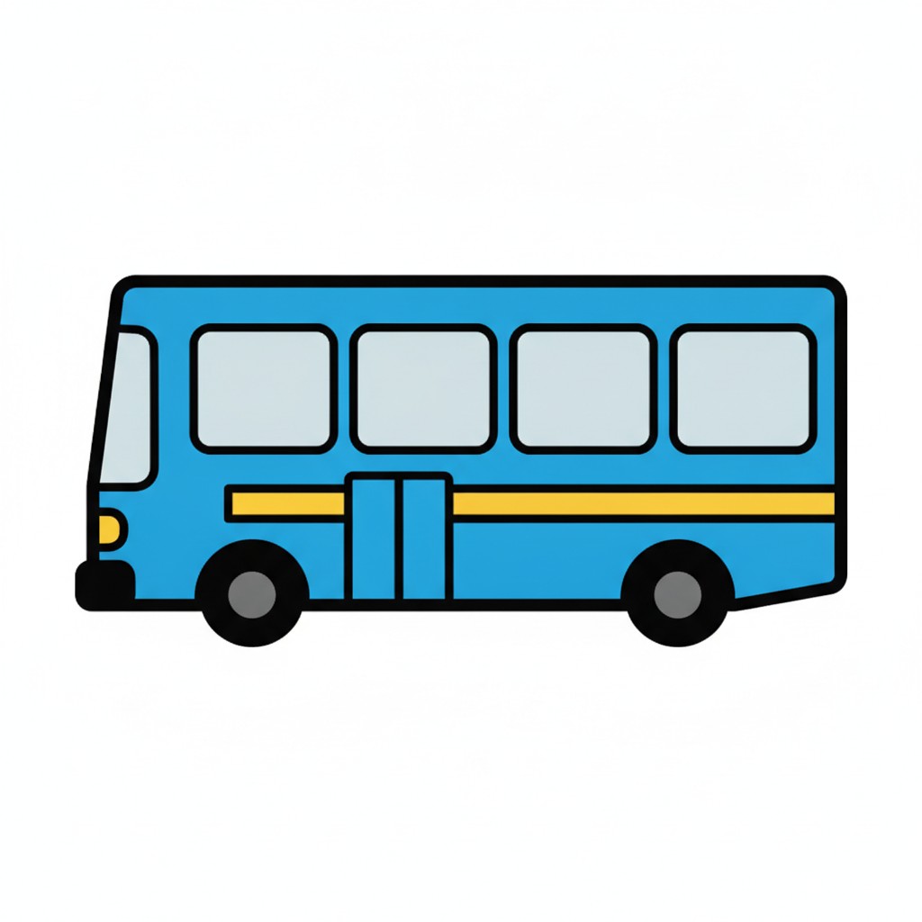 A blue city bus with a yellow stripe.