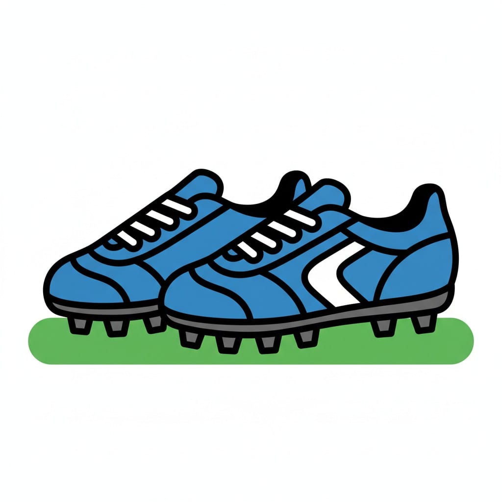 Een paar blauwe voetbalschoenen met witte details en noppen, op een groene ondergrond.