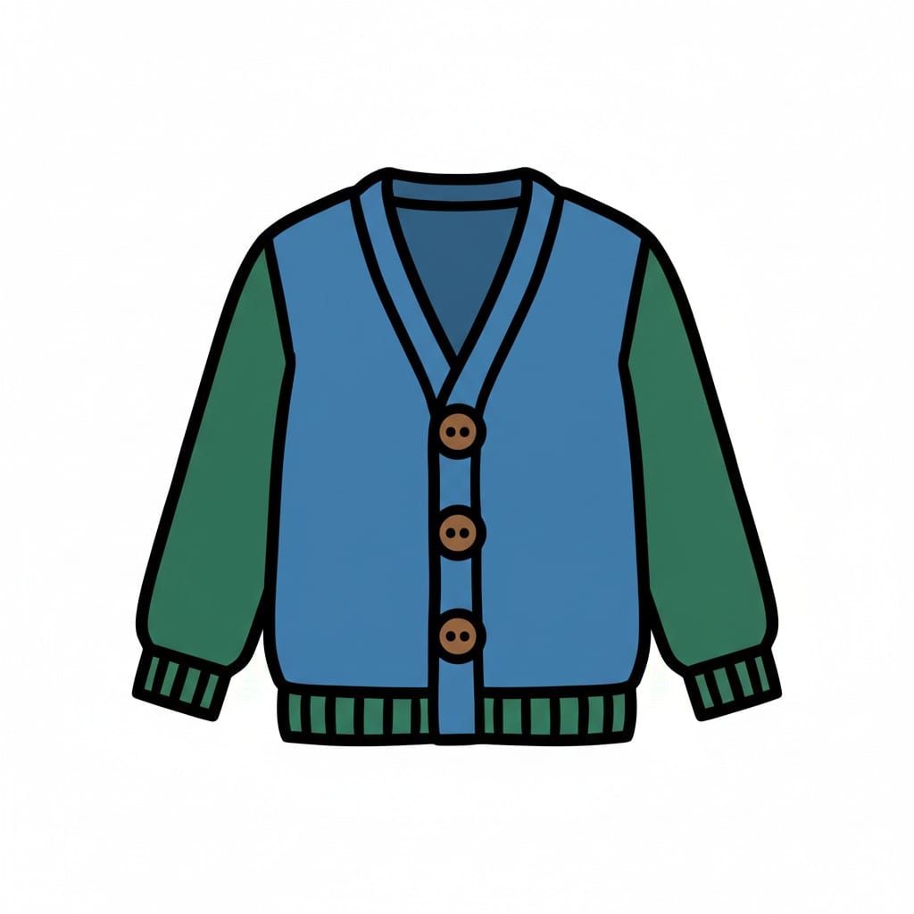 Een blauw met groen vest met drie bruine knopen, met de voorkant dicht.