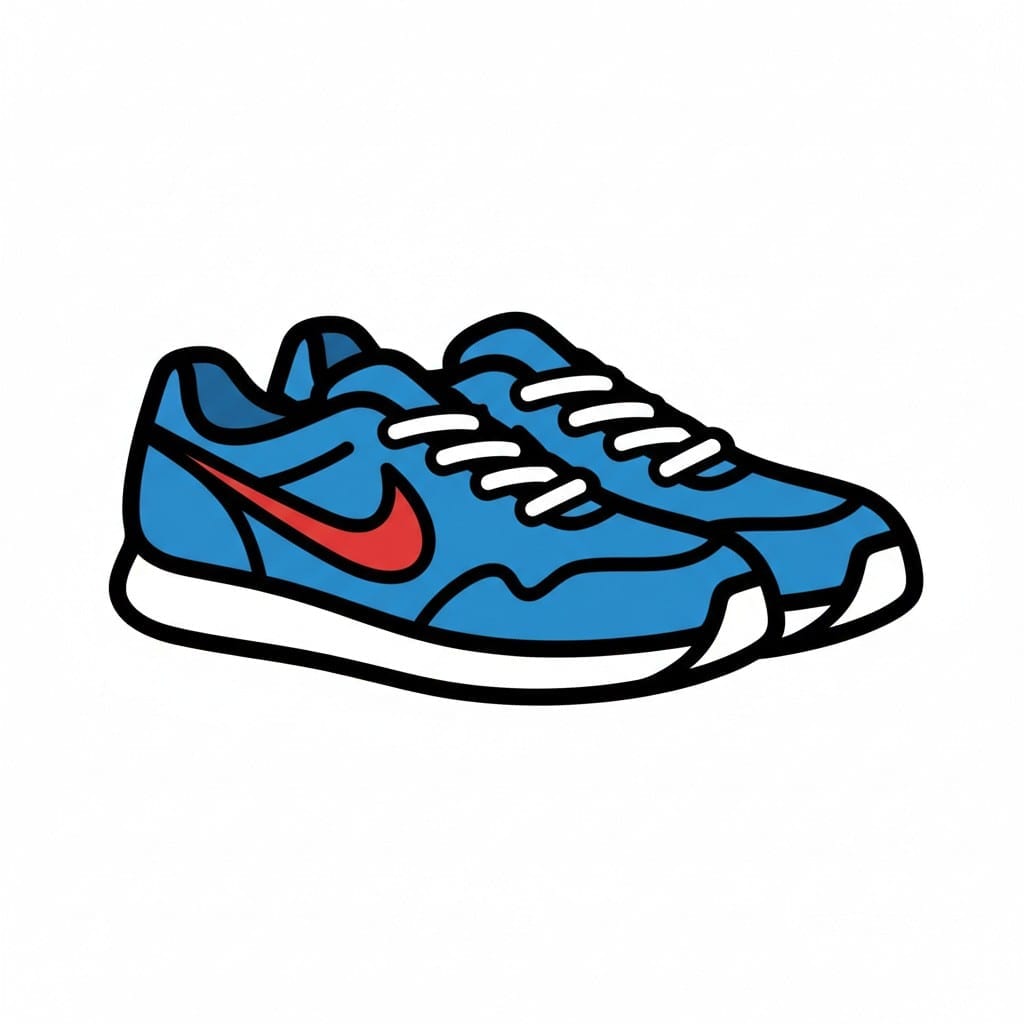 Een paar blauwe gymschoenen met rode details en witte veters.