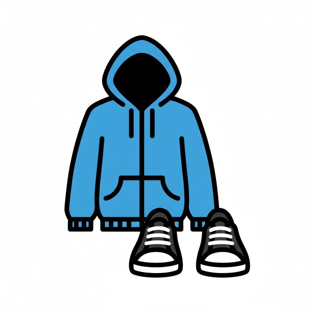 Een blauwe jas met capuchon en een paar zwarte sportschoenen met witte veters naast elkaar op een witte achtergrond.