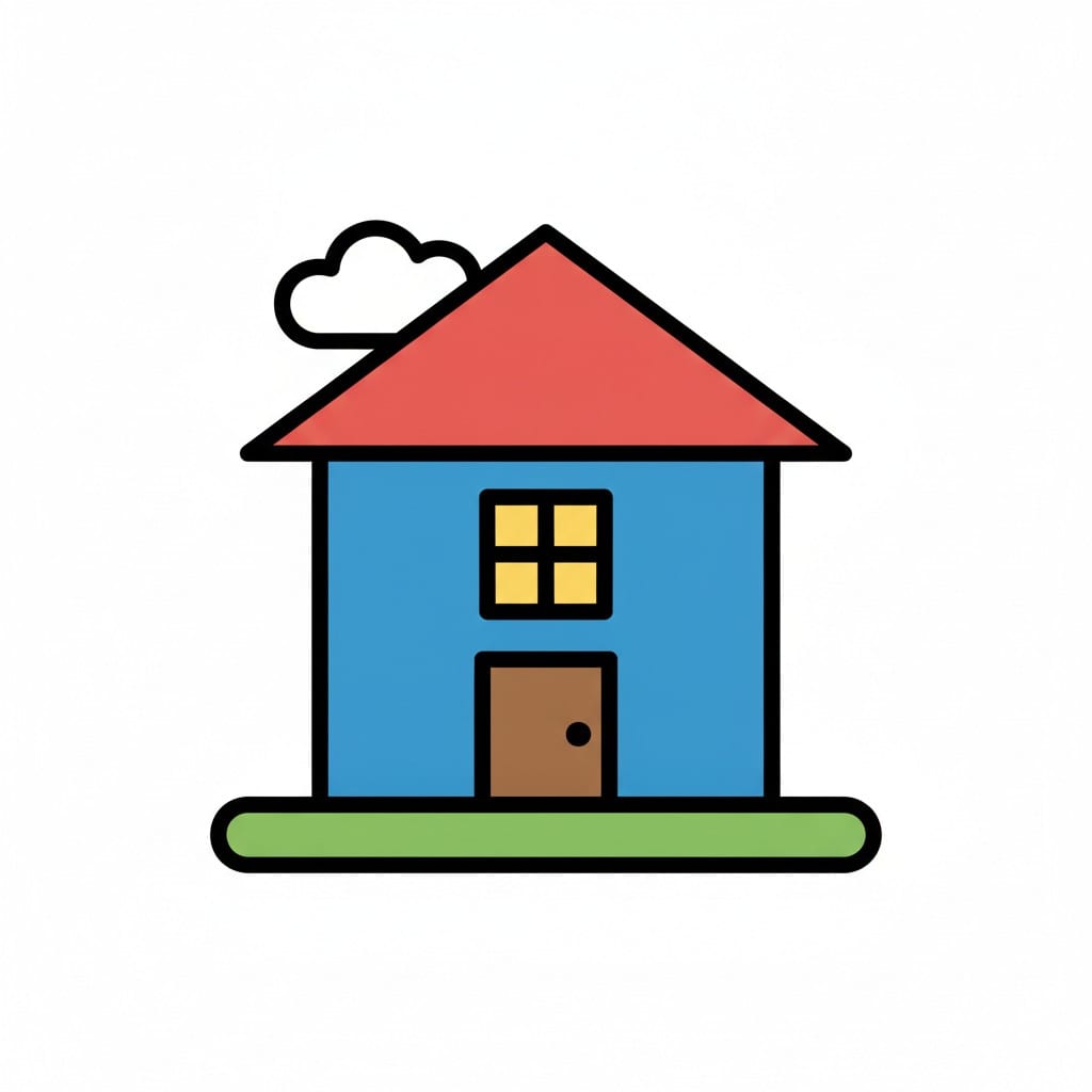 Een blauw huis met een rood dak op een grasstrook.