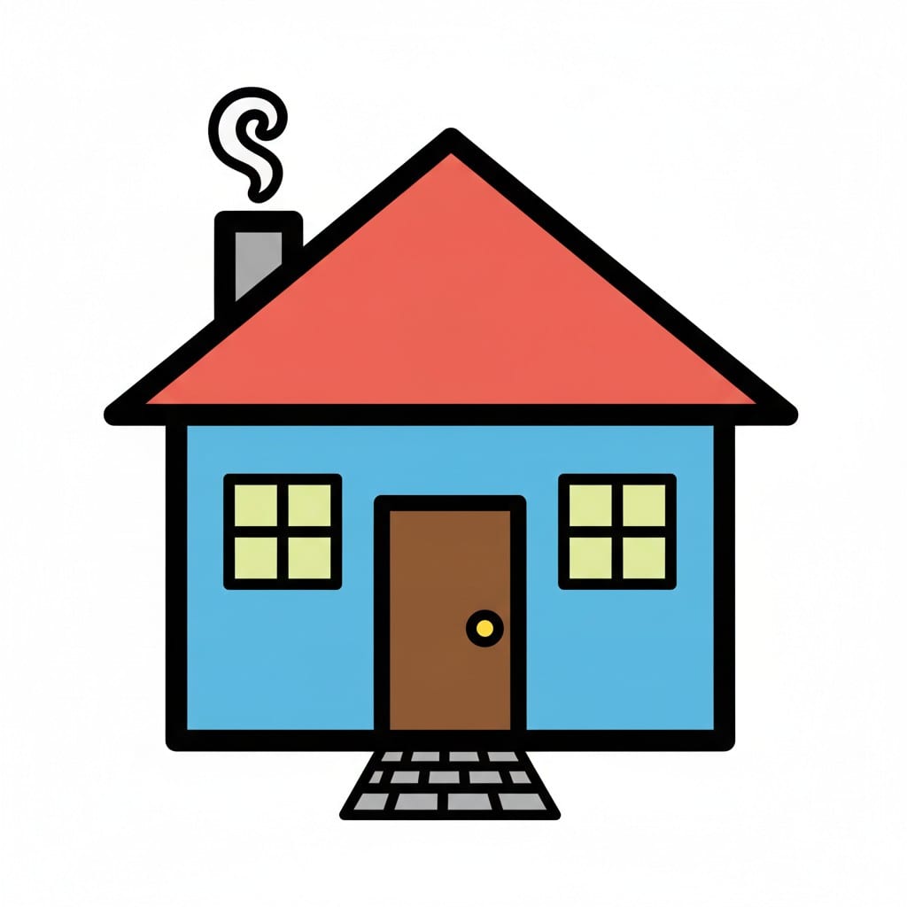 Een blauw huis met een rood dak, een schoorsteen en stenen traptreden.