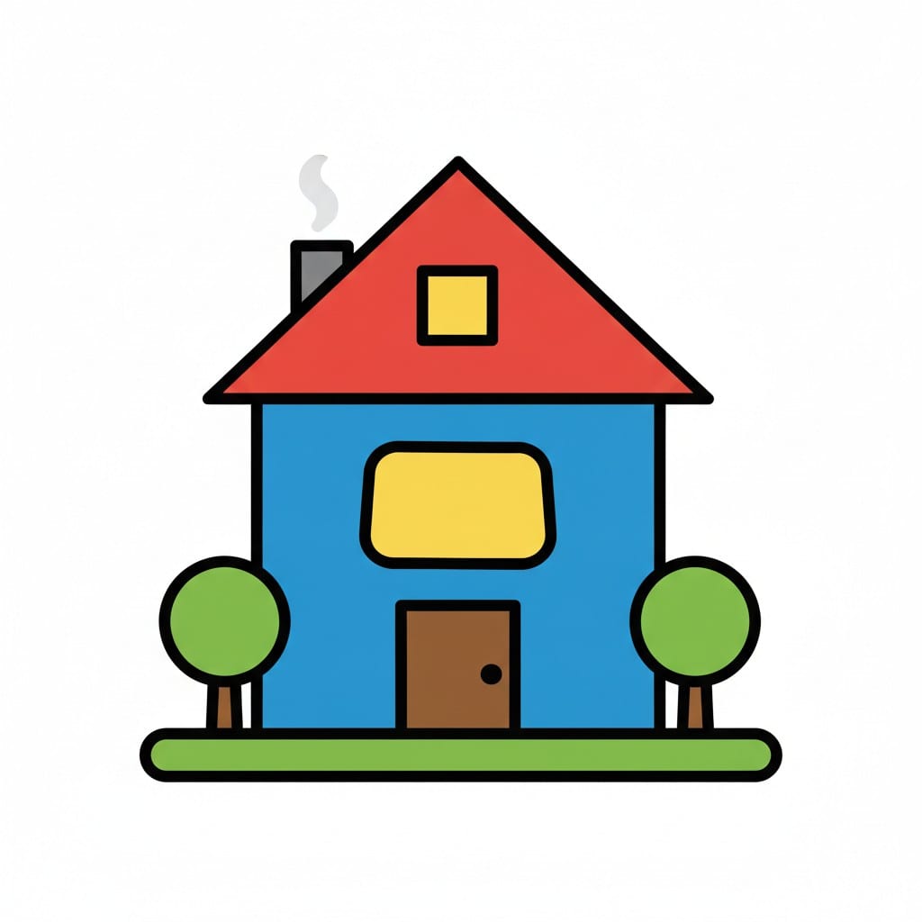 Een blauw huis met een rood dak en aan elke kant een boom.
