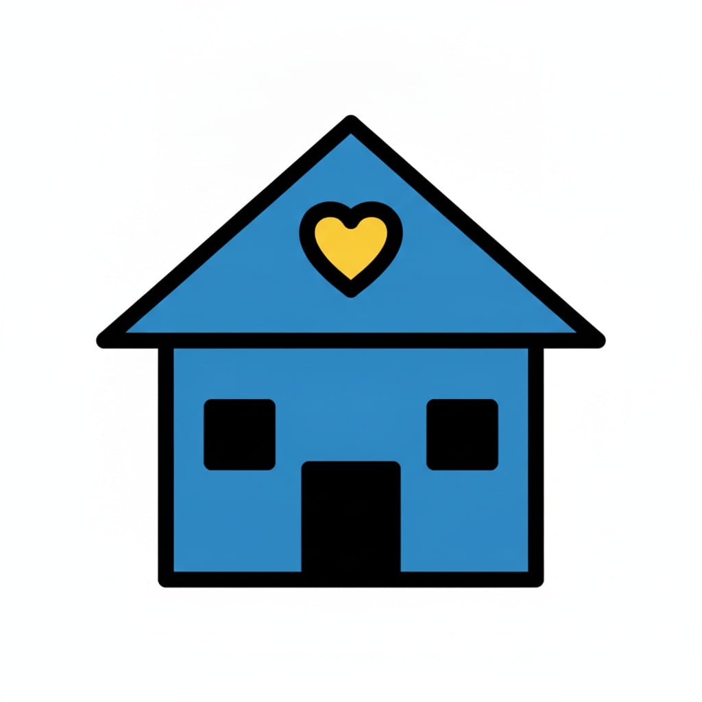 Een blauw huis met een geel hart in de gevel.