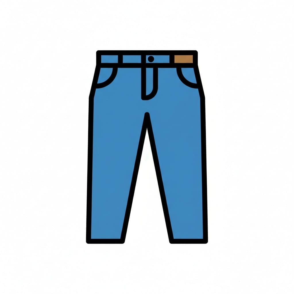 Een blauwe broek van voren gezien, met een tailleband, een gulp en zakken.