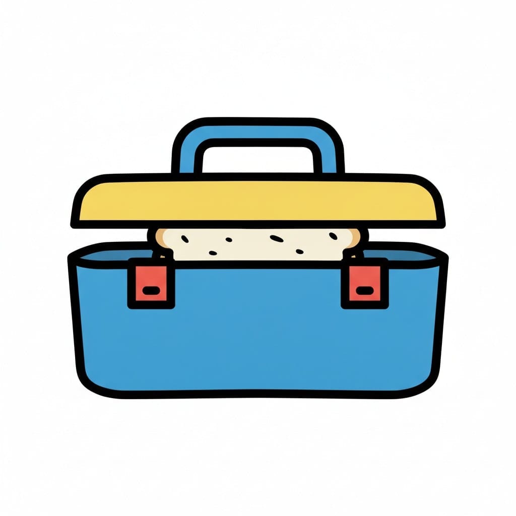 A blue lunchbox with a yellow lid and red clasps, with a sandwich peeking out from under the lid.