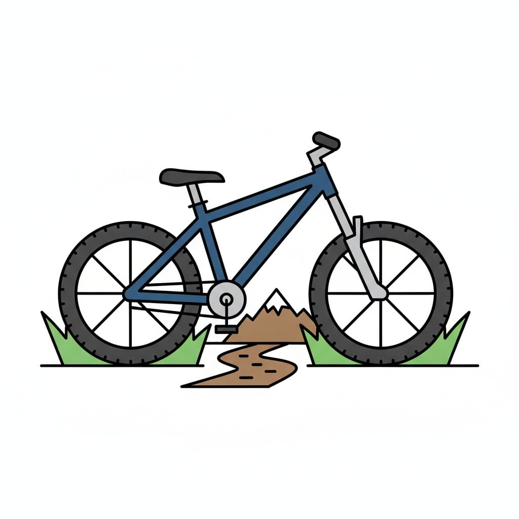 A blue mountain bike with knobbly tyres stands on grass by a dirt trail and a hill.