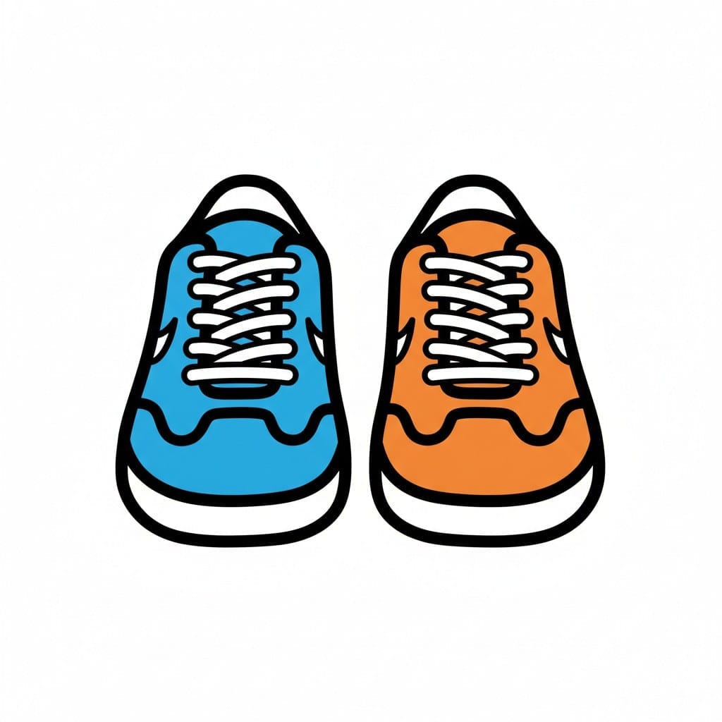 Een paar getekende schoenen, een blauwe en een oranje.