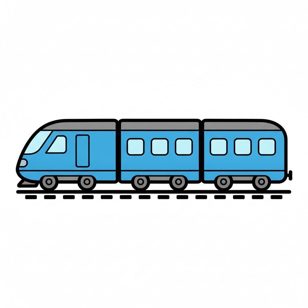 Een blauwe passagierstrein met meerdere wagons op een spoor.
