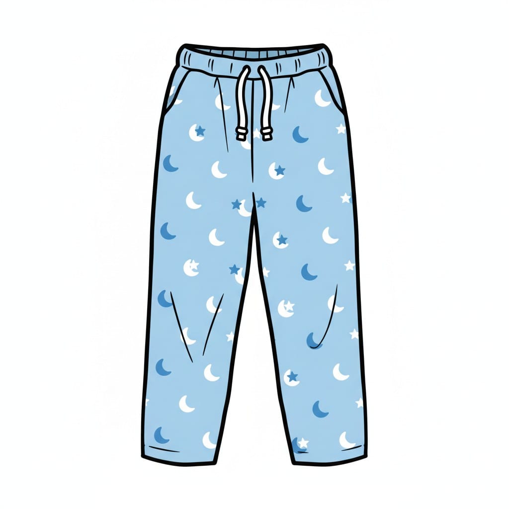 Een lichtblauwe pyjamabroek met een patroon van manen en sterren en een koordje in de taille.