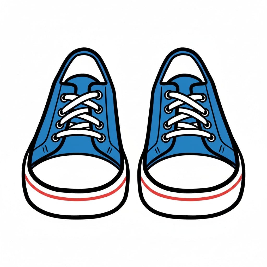 Een paar blauwe schoenen met witte veters en witte zolen met een rode streep.