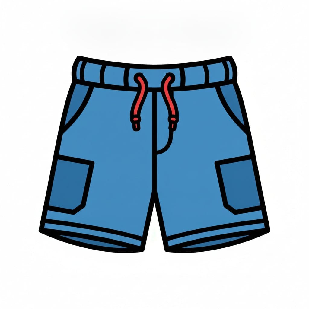 Een blauwe short met een elastische tailleband, een rood koordje en zakken aan de voorkant.