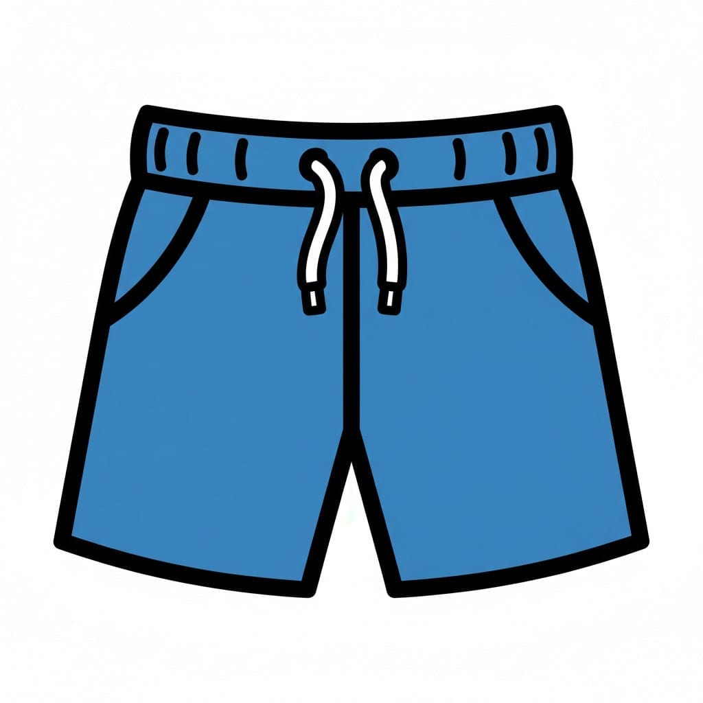Een blauwe short met witte koordjes.