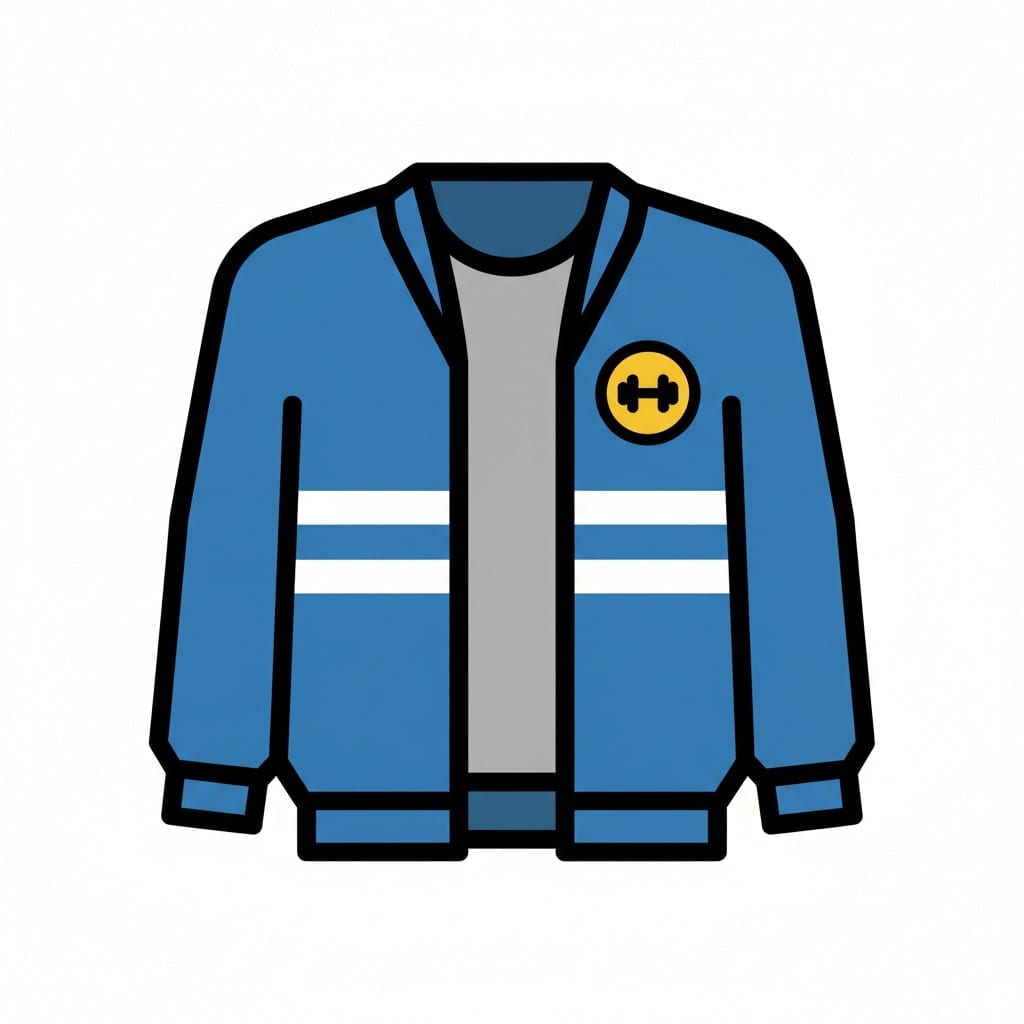 Een blauw trainingsjack met witte strepen op de mouwen en een geel halterpictogram op de borst.