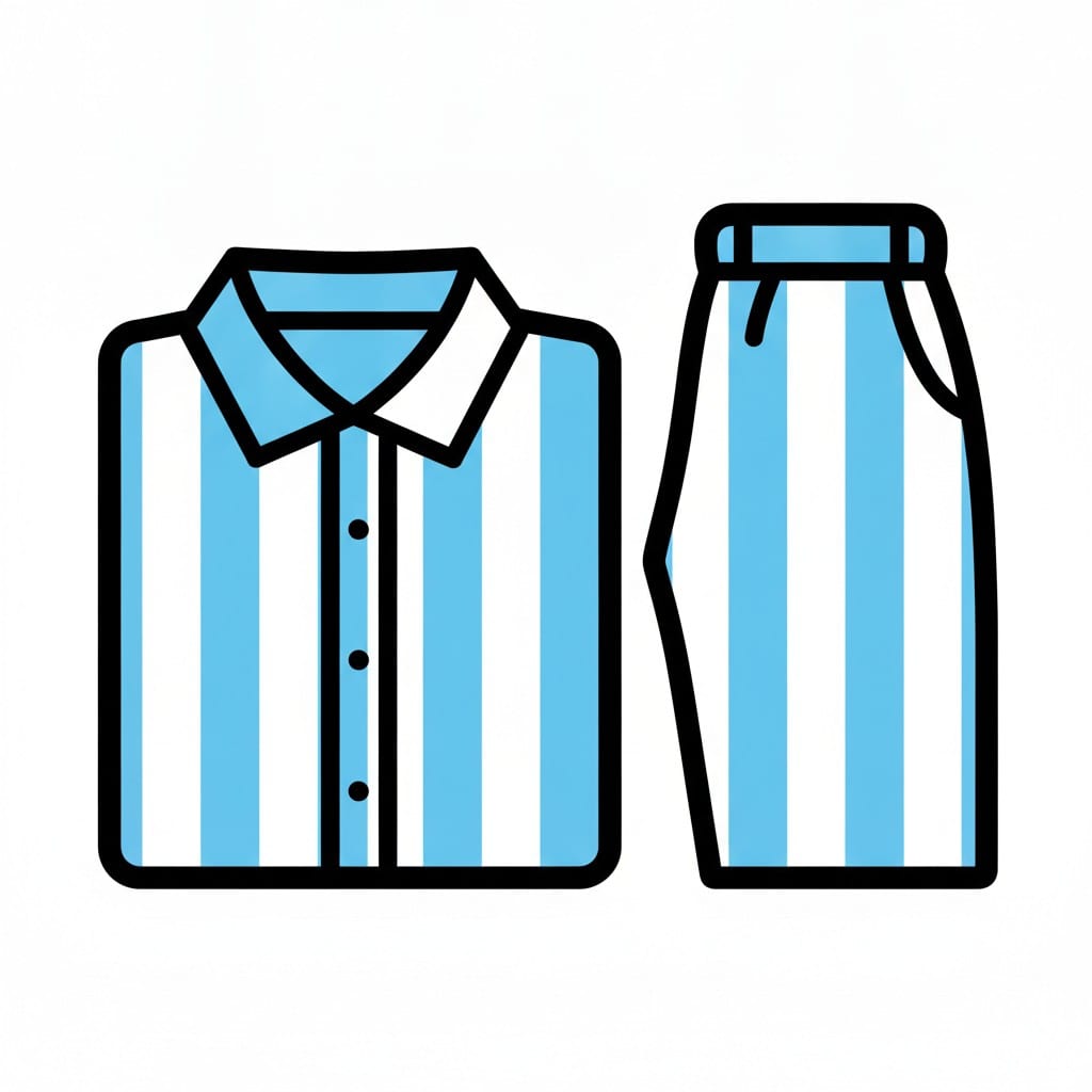 Een blauw-wit gestreept pyjamajasje met kraag naast een gestreepte pyjamabroek.