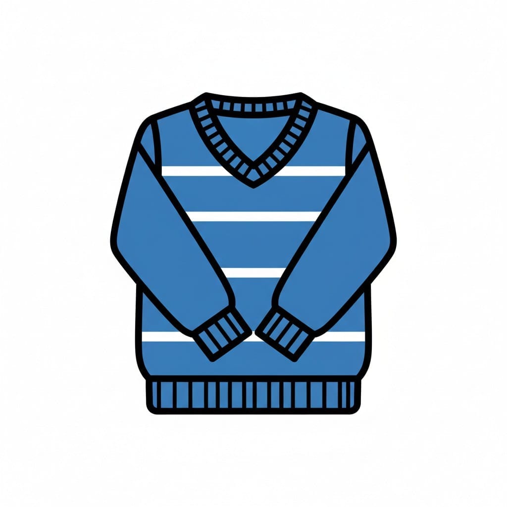 Een blauwe trui met witte strepen en een v-hals.
