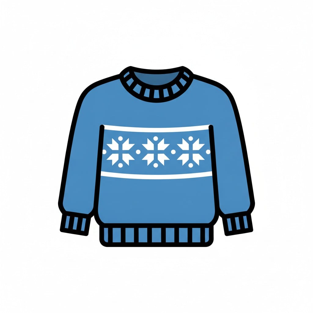 Een blauwe gebreide trui met sneeuwvlokken over de borst.