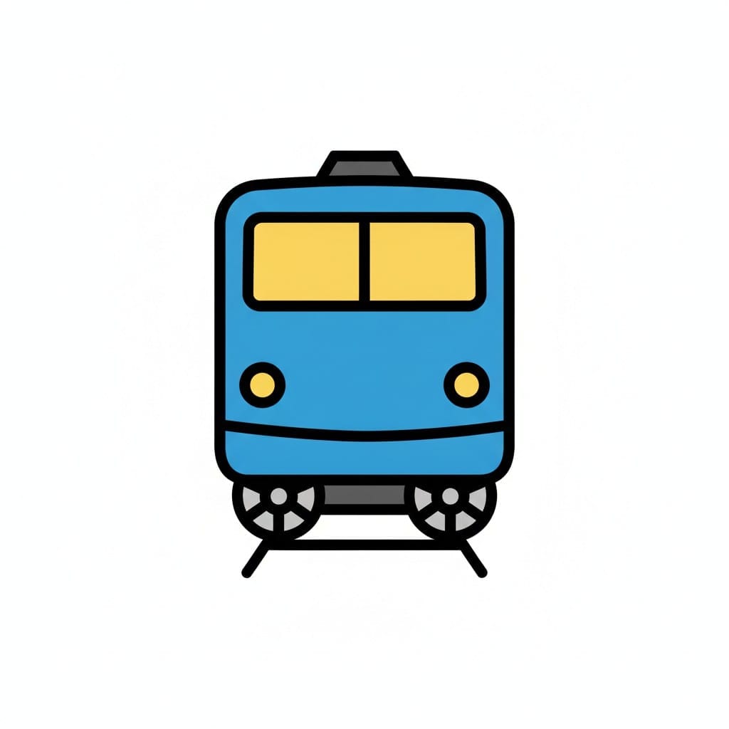 Een blauwe trein van voren gezien met gele ramen en twee ronde koplampen, stilstaand op een spoor.
