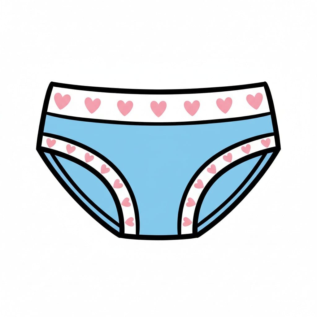 Een blauwe onderbroek met een band met roze hartjes.