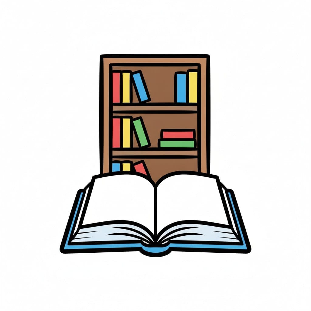Een bruine boekenkast met kleurige boeken op drie planken en een groot opengeslagen boek ervoor.