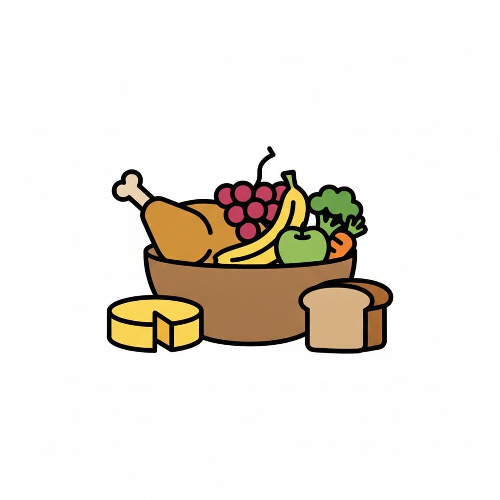 Een kom met kip, fruit en groenten, met kaas en brood ervoor.